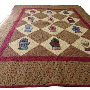 Vintage Handmade Quilted Throw Blanket Appliqué Mittens Reversible 64"x 53"